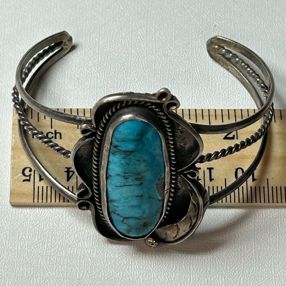 Native Sterling Silver Large Chunky Turquoise Stone Cuff Bracelet Navajo - Picture 5 of 7